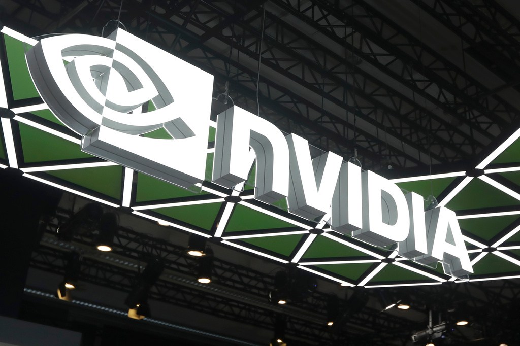 A logo of Nvidia is displayed at at the Computex Taipei exhibition.