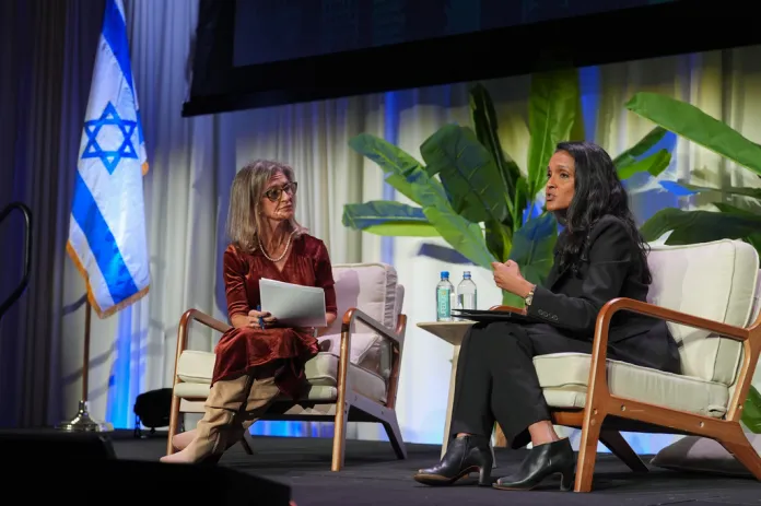 Los Angeles mayoral candidate Nithya Raman, right, speaks as she is joined by moderator Alex Cohen during the Jewish Los Angeles Mayoral Forum at Skirball Cultural Center in Los Angeles, Tuesday, Sept. 29, 2026.