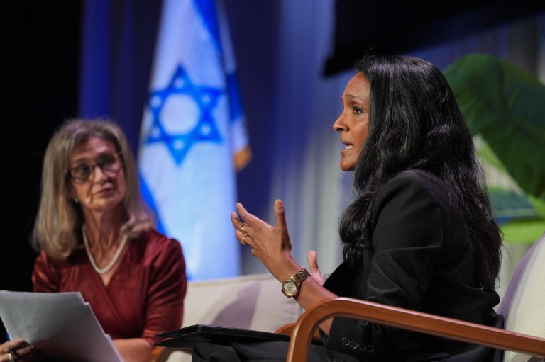 Los Angeles mayoral candidate Nithya Raman, right, speaks as she is joined by moderator Alex Cohen during the Jewish Los Angeles Mayoral Forum