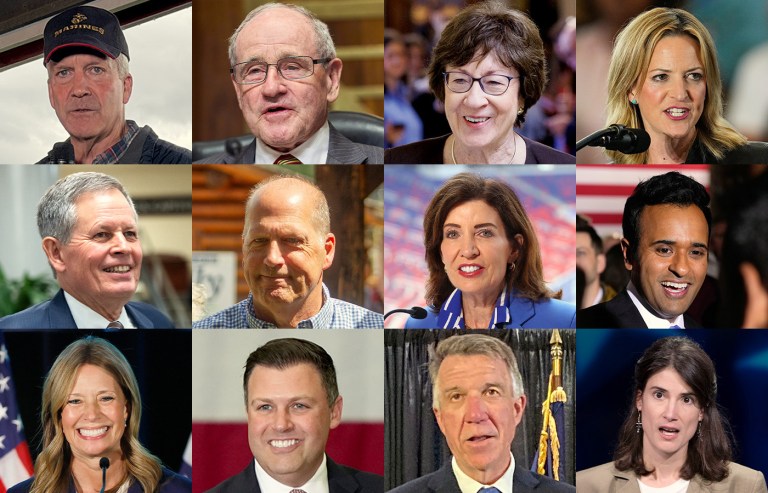 From top right to bottom left: Sen. Dan Sullivan (R-AK); Sen. Jim Risch (R-ID); Sen. Susan Collins (R-ME); Secretary of State Jocelyn Benson; Sen. Steve Daines (R-MT); Republican Senate nominee John E. Sununu; Gov. Kathy Hochul (D-NY); Republican gubernatorial candidate Vivek Ramaswamy; Democratic gubernatorial candidate Amy Acton; Rep. Ryan Mackenzie (R-PA); Gov. Phil Scott (R-VT); Rep. Marie Gluesenkamp Perez (D-WA) (Mark Thiessen/AP; Jacquelyn Martin/AP; Tom Brenner/AP; Paul Sancya/AP; Allison Robbert/AP; Holly Ramer/AP; Jeffrey T. Barnes/AP; Carolyn Kaster/AP; Jay LaPrete/AP; Matt Rourke/AP; Lisa Rathke/AP; Jenny Kane/AP)