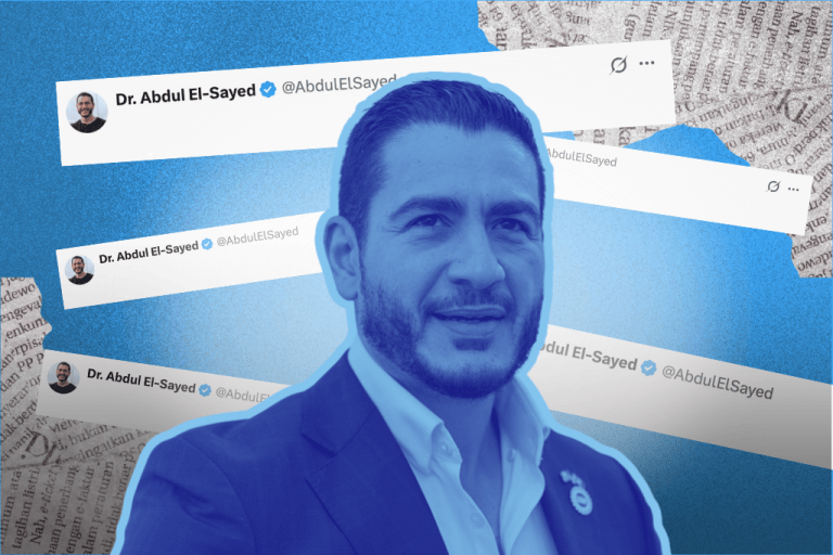 Graphic of El Sayed in blue in front of a series of verified x posts. (Graphic by Christine Valora/Washington Examiner; photos by Getty)