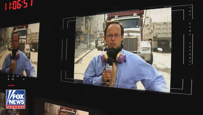 Fox News reporter Eric Shawn reports on September 11, 2001, after two planes crashed into the Twin Towers at the World Trade Center in the September 11 terrorist attacks.