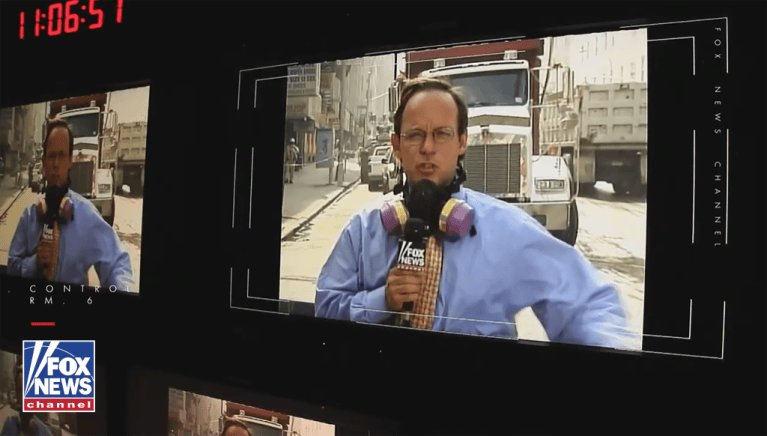 Fox News reporter Eric Shawn reports on Sept. 11, 2001, after two planes crashed into the Twin Towers at the World Trade Center in New York.