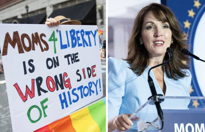 Left, a protest against Moms for Liberty in Center City, Philadelphia; right, Moms for Liberty co-founder Tina Descovich. (Samuel Corum/Anadolu Agency/Getty Images; AP Photo/Steve Helber)