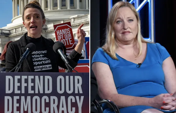 Left: Southern Poverty Law Center Voting Rights Senior Policy Advisor Laura Williamson speaks against the passage of the SAVE America Act, calling it an attack on the freedom to vote, on March 18. Right: Heidi Beirich, a former executive at the Southern Poverty Law Center, has been charged for what the government claims was a fraudulent scheme that duped donors and banks. (Sue Dorfman/ZUMA Press Wire via Newscom; Richard Shotwell/Invision/AP)
