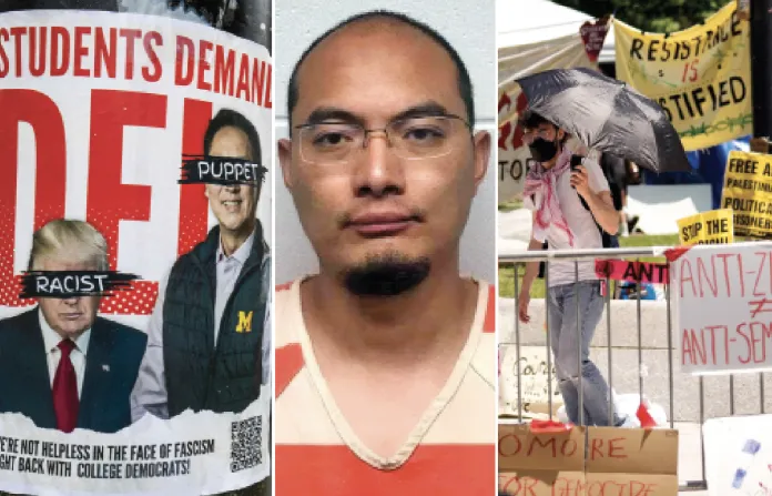 They’ll be baaaaack! From left: a pro-diversity, equity, and inclusion flier in Ann Arbor, Michigan, April 3, 2025; Yanjun Xu, an intelligence officer with the government of China, who was sentenced to 20 years in prison for stealing U.S. aerospace secrets before being pardoned by president Joe Biden; a pro-Palestinian encampment at Drexel University, May 21, 2024.