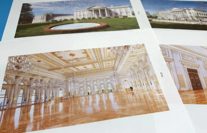 Artist renderings relating to White House ballroom construction, contained in a filing by the Trump administration to the U.S. Supreme Court, are photographed on Aug. 14. (Jon Elswick)