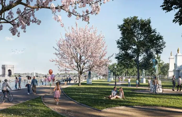 A rendering of President Donald Trump’s proposed National Garden of American Heroes along West Potomac Park. Congress has appropriated
$40 million for the garden that will honor 250 Americans. (National Garden of American Heroes)