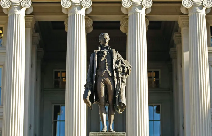 A statue of Alexander Hamilton, the first secretary of the treasury, in front of the U.S. Treasury Department building in Washington, D.C., March 23, 2009. (Chip Somodevilla/Getty)