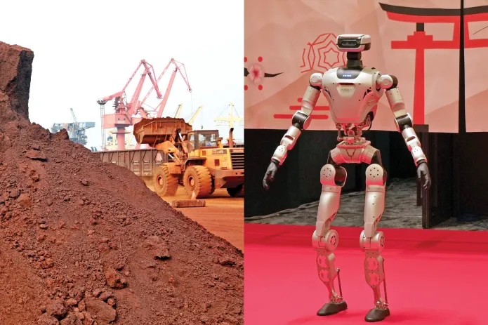 Left: Rare earth minerals are mined in China’s eastern Jiangsu province for export to Japan, Sept. 5, 2010 (CN-STR / AFP / Getty Images); Right: A humanoid robot poses for a photo at a conference in Tokyo, May 28, 2026. (Ayaka McGill / AP)