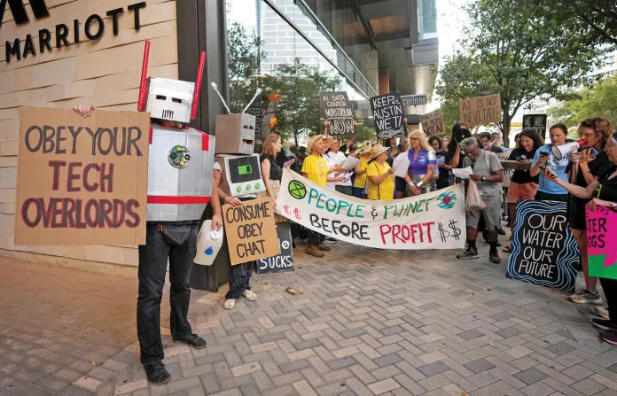 Protesters opposed to data center projects in downtown Austin, Sept. 2, 2026. (Jay Janner/Austin American-Statesman/Getty)