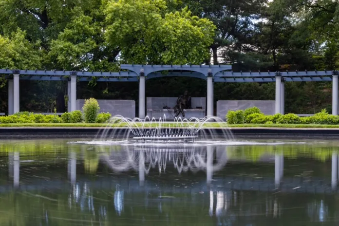 The George Mason Memorial fountain in Meridian Park in Washington, D.C.
