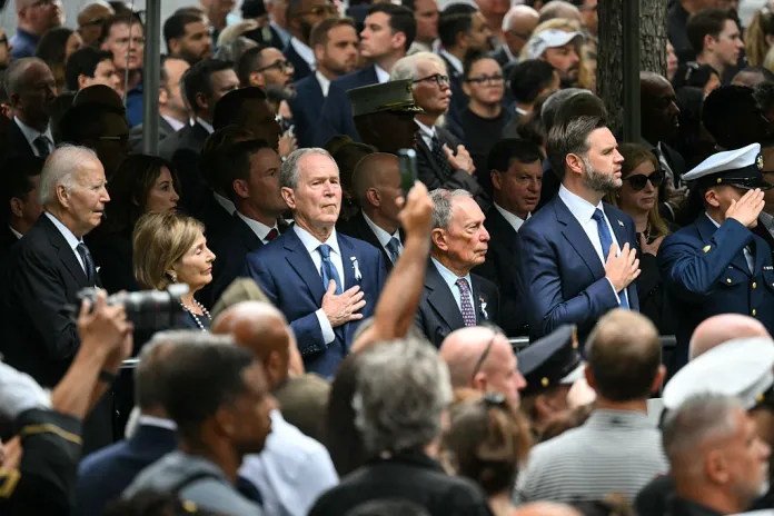 (L/R) Former US President Joe Biden, former First Lady Laura Bush, former US President George W. Bush, former New York City Mayor Michael Bloomberg, and US Vice President JD Vance attend the 25th anniversary commemoration of the September 11, 2001 attacks at the National September 11 Memorial in New York on September 11, 2026.