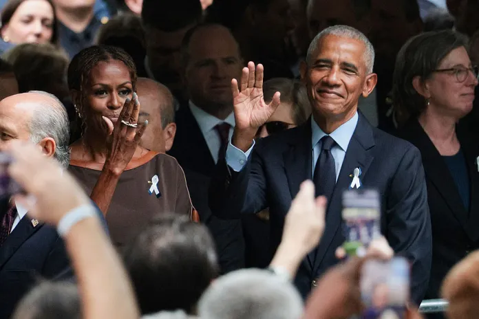 NEW YORK, NEW YORK - SEPTEMBER 11: Former first lady Michelle Obama and Former U.S. President Barack Obama attend a ceremony commemorating the 25th anniversary of the September 11th terrorist attacks on the World Trade Center at the National 9/11 Memorial & Museum on September 11, 2026 in New York City. The United States is marking the 25th anniversary of the terrorist attacks of September 11, 2001, when a group of al-Qaeda hijackers flew airplanes into the World Trade Center, Shanksville, Pennsylvania, and the Pentagon, killing nearly 3,000 people.