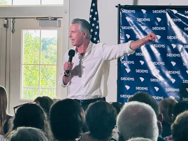 Gov. Gavin Newsom (D-CA) speaks to a crowd of Democrats in South Carolina.