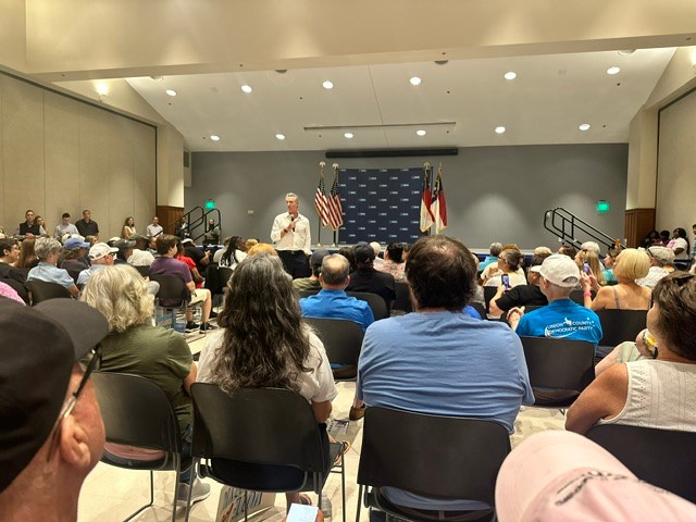 Gavin Newsom addresses supporters in Monroe, North Carolina.