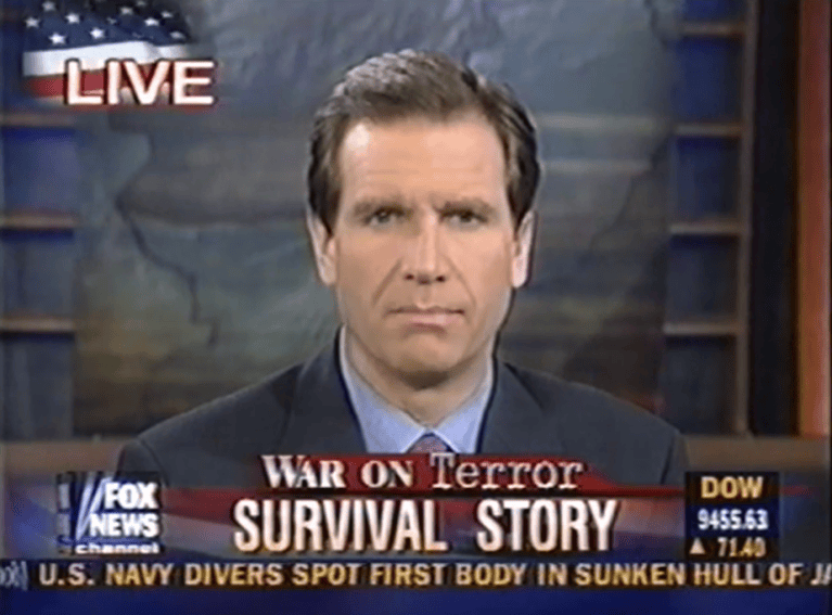 Fox News anchor Jon Scott reports on Sept. 11, 2001, after two planes crashed into the Twin Towers at the World Trade Center in the September 11 terrorist attacks.