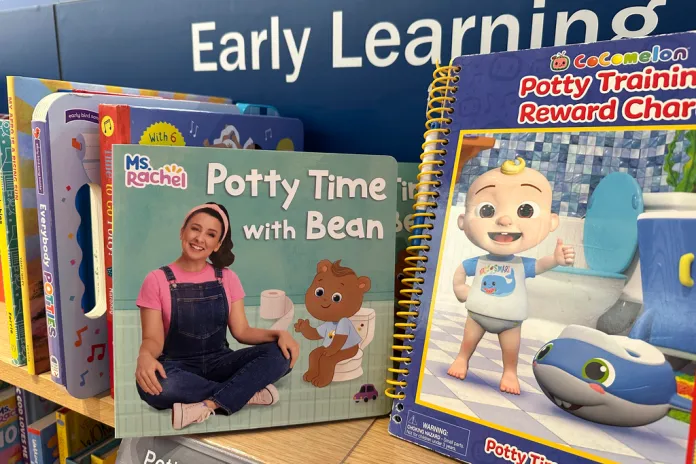 Children's books featuring Ms. Rachel and Cocomelon characters are for sale in Ashburn, VA, on Friday, April 18, 2025. (AP Photo/Ted Shaffrey)