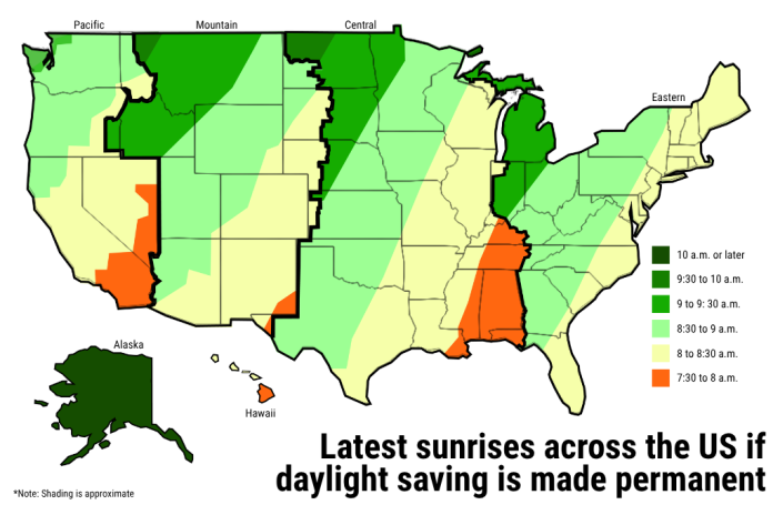 Map of US time zones and latest sunrises if daylight saving is made permanent