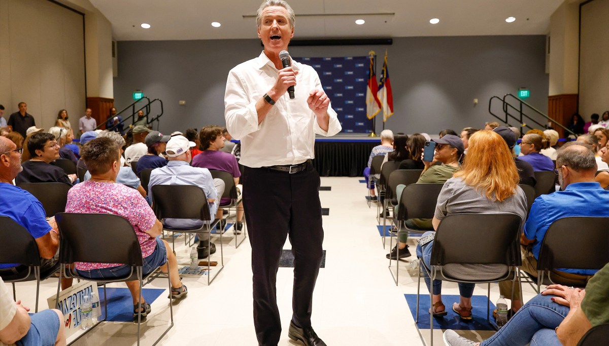 Despite Trump poll drops, Newsom urges Democrats not to ‘spike the football’