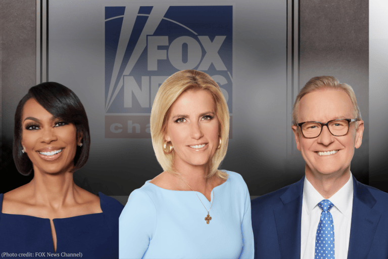 Fox News anchors Harris Faulkner, Laura Ingraham, and Steve Doocy interviewed with the Washington Examiner about Fox News's 30th anniversary. (Photos provided by Fox News. Graphic made by Bri Miller, Washington Examiner)