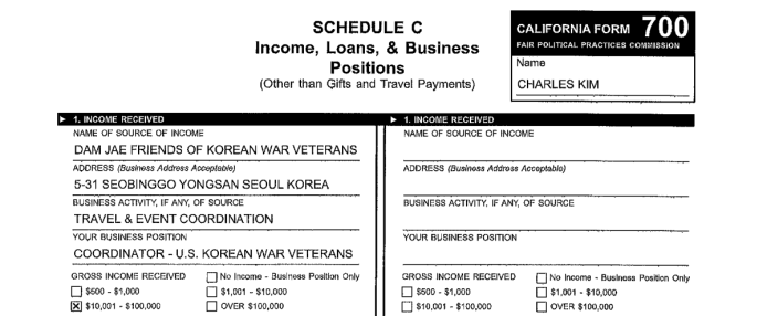 Charles Kim’s 2017 statement of economic interests form. (Orange County Clerk of the Board)