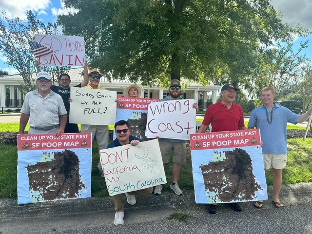 Protesters outside Gov. Gavin Newsom’s (D-CA) event in Dorchester County, South Carolina