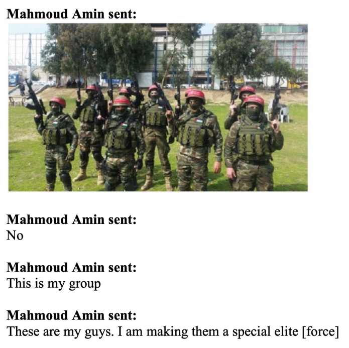 Chat records allegedly show Amin Ya’qub al Muhtadi bragging about his armed Palestinian group in September 2020.