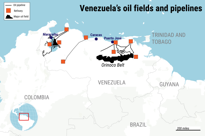 Graphic of Venezuela's oil fields and pipelines
