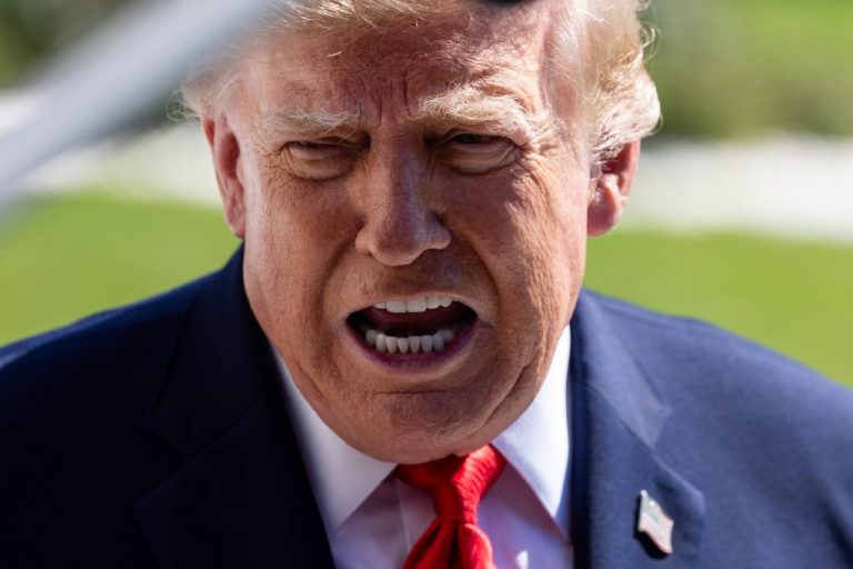 Close-up of President Donald Trump with his mouth open speaking to members of the press on the South Lawn of the White House.