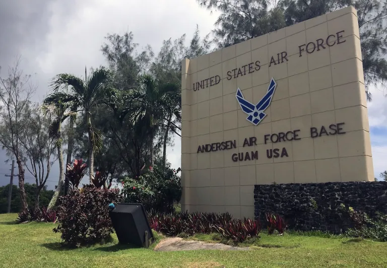 The front entrance sign for Anderson Air Force base is seen in Yigo, Guam on Thursday morning, Aug. 10, 2017. (AP Photo/Tassanee Vejpongsa)