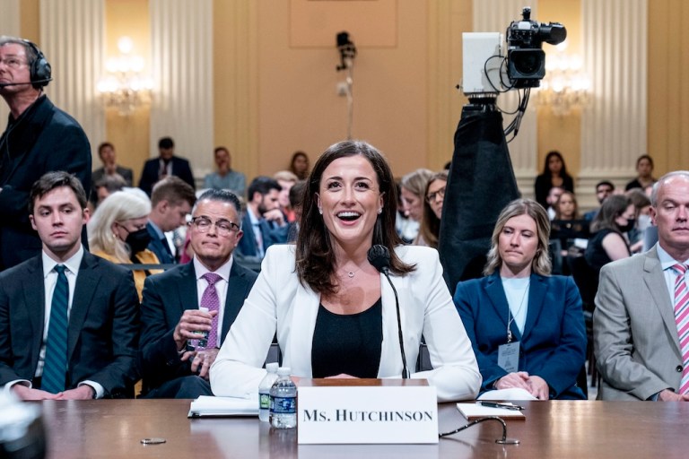 Cassidy Hutchinson, former aide to Trump White House chief of staff Mark Meadows, testifies as the House select committee investigating the Jan. 6 attack on the U.S. Capitol holds a hearing at the Capitol in Washington, Tuesday, June 28, 2022. (AP Photo/Andrew Harnik, Pool)