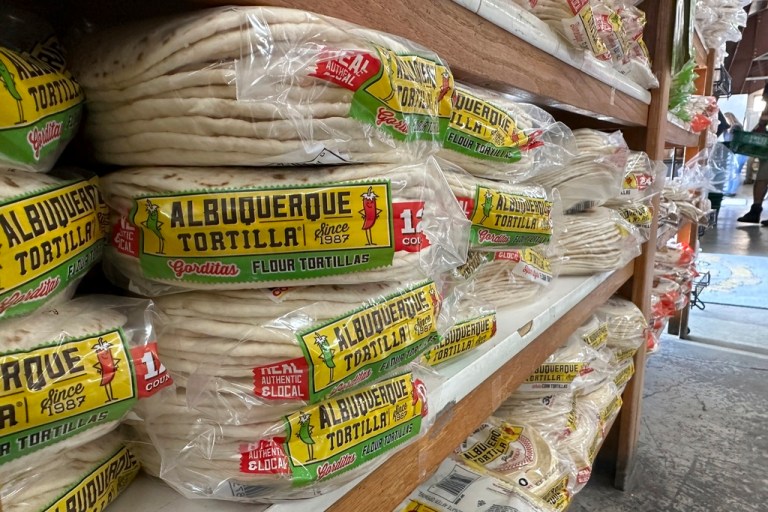 Packages of tortillas line shelves at a grocery store in Albuquerque, New Mexico, in 2025.