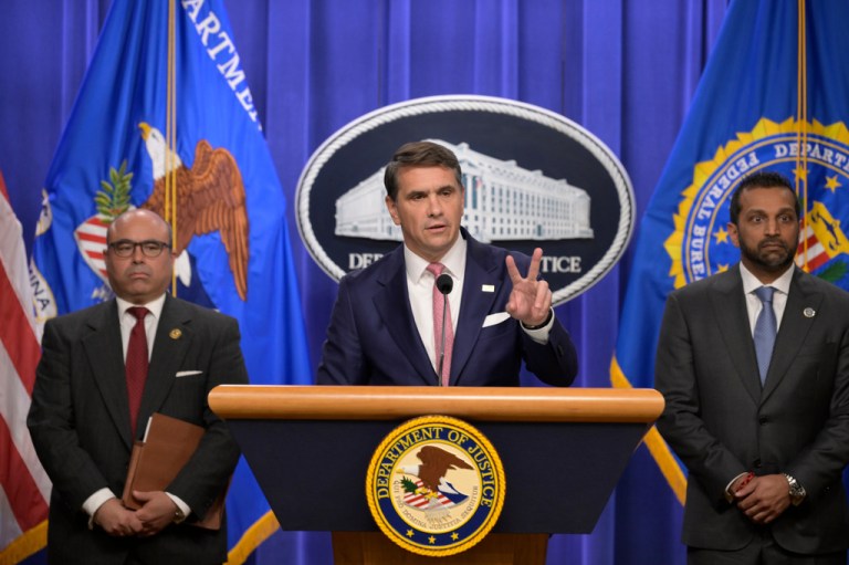 U.S. Attorney General Todd Blanche and FBI Director Kash Patel hold a news conference to discuss "Tren de Aragua developments", today on July 01, 2026 at Briefing Room/DOJ in Washington DC, USA. (Lenin Nolly/Sipa USA)(Sipa via AP Images)