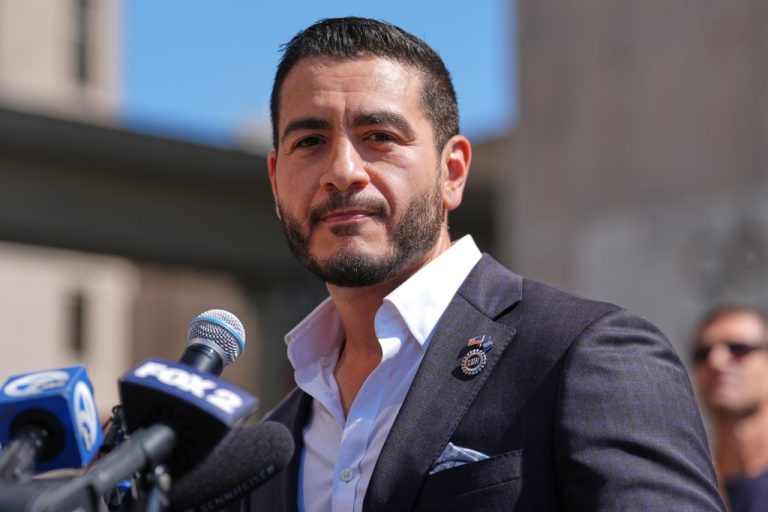 Abdul el Sayed speaks during a news conference at the Spirit of Detroit shortly after winning the Democratic nomination for U.S. Senate in Michigan, Wednesday, Aug. 5, 2026, in Detroit.
