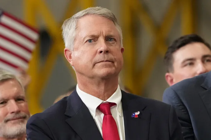 Sen. Roger Marshall, R-Kan., listens as Vice President JD Vance speaks during an event at Webco Manufacturing, Monday, Sept. 14, 2026, in Olathe, Kan. 