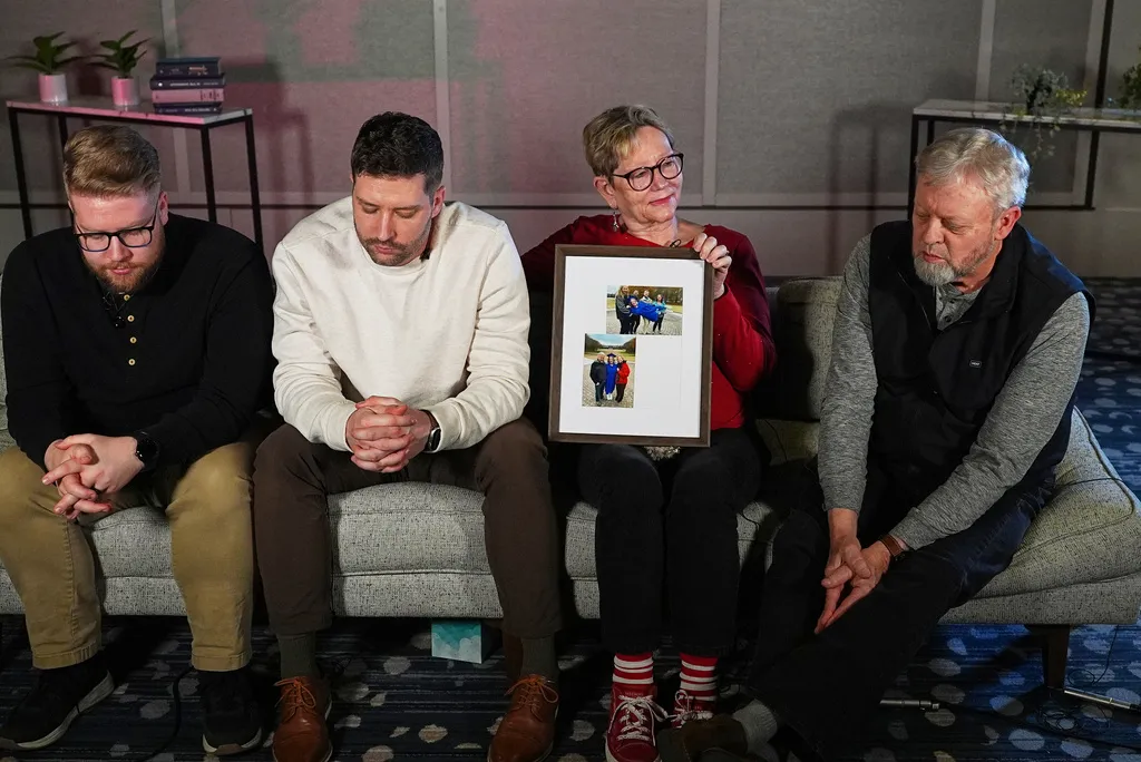 Brent and Luke Ganger, brothers of Renee Good, from left, and their parents, Donna and Tim Ganger, are pictured during an interview, while holding up a frame with photographs of Good when she graduated from Old Dominion University, in Denver, Friday, Feb. 27, 2026. (AP Photo/David Zalubowski)