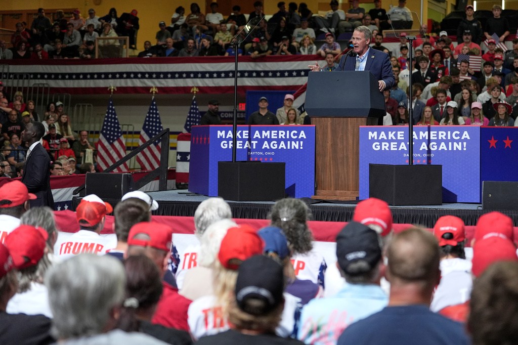 Sen. Jon Husted, R-Ohio, speaks during a midterm election rally, Saturday, Oct. 3, 2026, in Vandalia, Ohio.