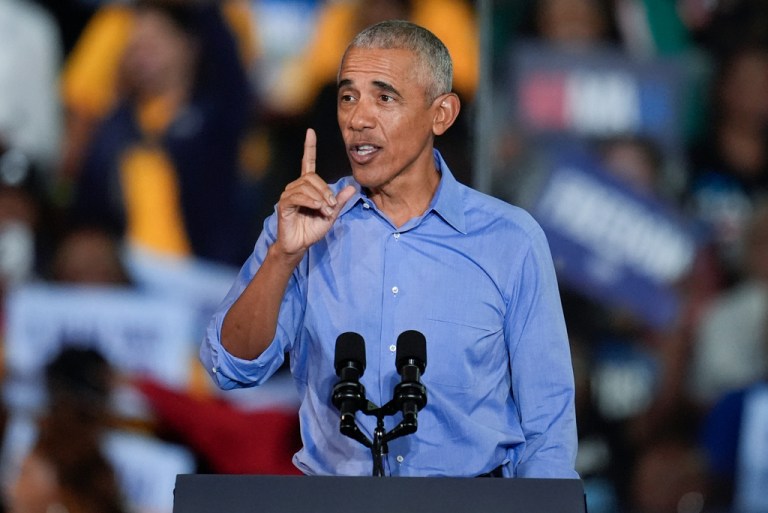 Former President Barack Obama speaks during a campaign rally.