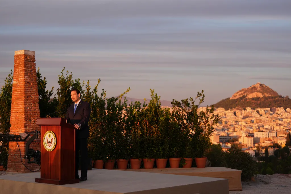 U.S. Secretary of State Marco Rubio speaks at the Pnyx hill, where ancient Athenians held democratic assemblies, in Athens on Oct. 7, 2026.
