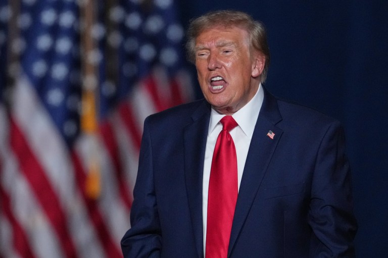 President Donald Trump yells at a campaign rally at the Freeman Coliseum in San Antonio, Wednesday, Oct. 7, 2026. (AP Photo/Eric Gay)
