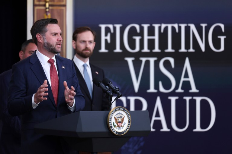 Vice President JD Vance speaks as Andrew Ferguson, Chairman of the Federal Trade Commission, listens during a news conference on the Fraud Task Force inside the Eisenhower Executive Office Building on the White House campus, Thursday, Oct. 8, 2026, in Washington.