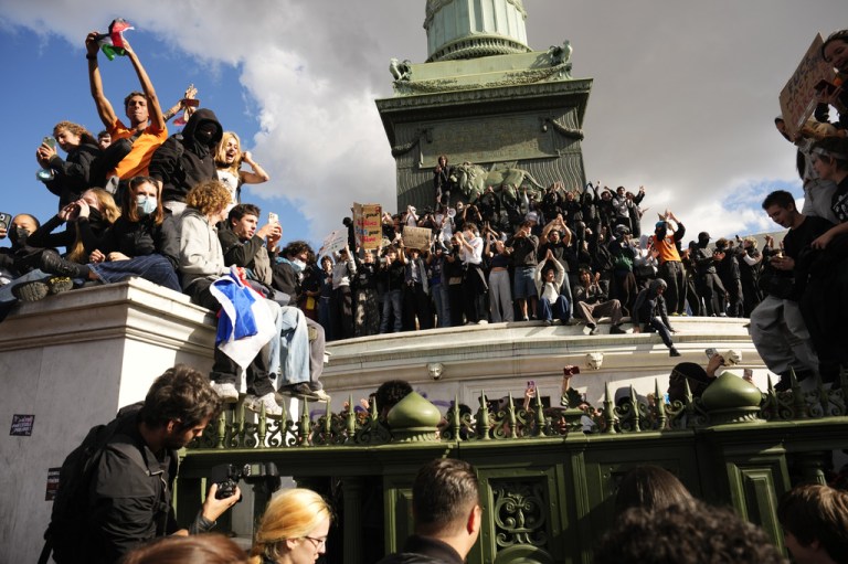 Students protest against under-resourced schools at the Place de la Bastille in Paris.