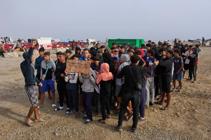 Moroccan minors gather on El Trampolín Beach during a protest demanding access to government-run centers for minors in the Spanish enclave of Ceuta, Wednesday, Sept. 30, 2026.