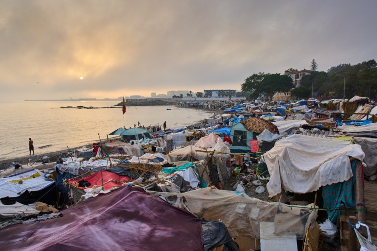 Makeshift tents used as a temporary camp settled by migrants on El Trampolín Beach in the Spanish enclave of Ceuta, Friday, Oct. 2, 2026.
