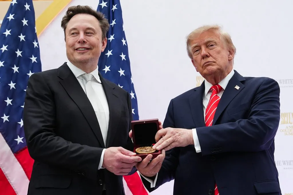 President Donald Trump, right, presents the National Medal of Science with a stern face to Elon Musk, left, wearing a bucktoothed smile, at the U.S. Institute of Peace, Thursday, Oct. 8, 2026, in Washington.