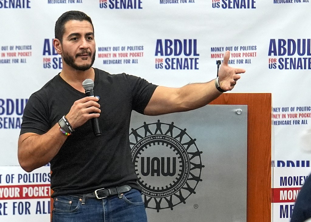 Abdul el Sayed, a progressive candidate in the Democratic primary for U.S. Senate in Michigan, speaks during a campaign rally at the UAW Region 1 Union Hall, Aug. 2, 2026, in Warren, Mich.