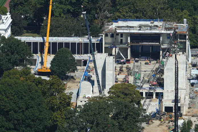 Construction continues on the White House Ballroom, as seen from the Washington Monument, Thursday, Oct. 8, 2026, in Washington.