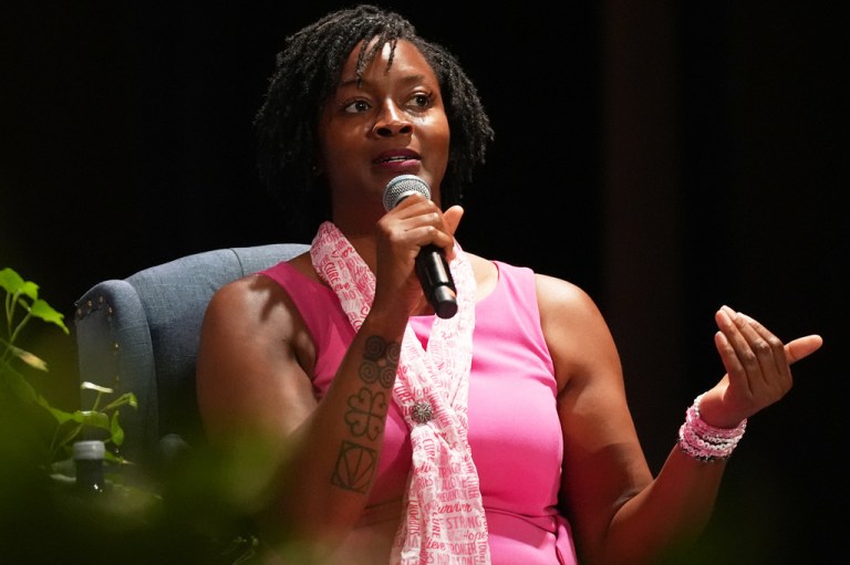 Angie Nixon speaks during a political event.