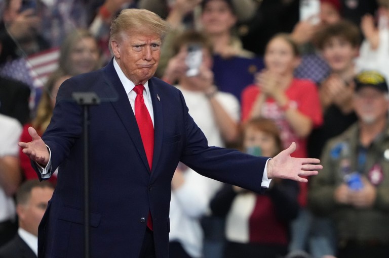 President Donald Trump called on Alaska voters Tuesday night to support Ballot Measure 2 in order to repeal the state's ranked choice voting mandate. (AP Photo/Lindsey Wasson)